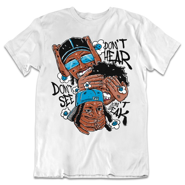 Powder Blue 9s DropSkizzle Unisex T-Shirt Don’t See Don’t Hear Don’t Speak Graphic Tee